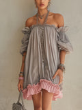 Gray Chiffon Off Shoulder Mini Dress With Pink Hem