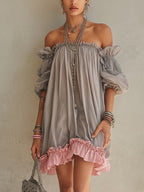 Gray Chiffon Off Shoulder Mini Dress With Pink Hem