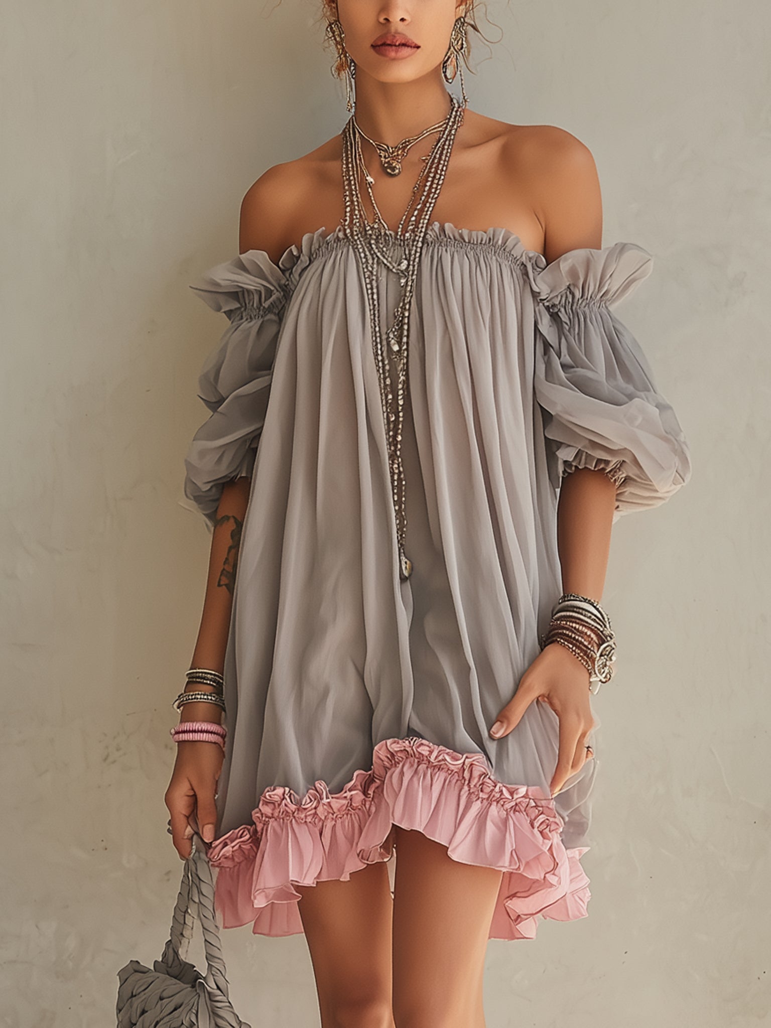 Gray Chiffon Off Shoulder Mini Dress With Pink Hem