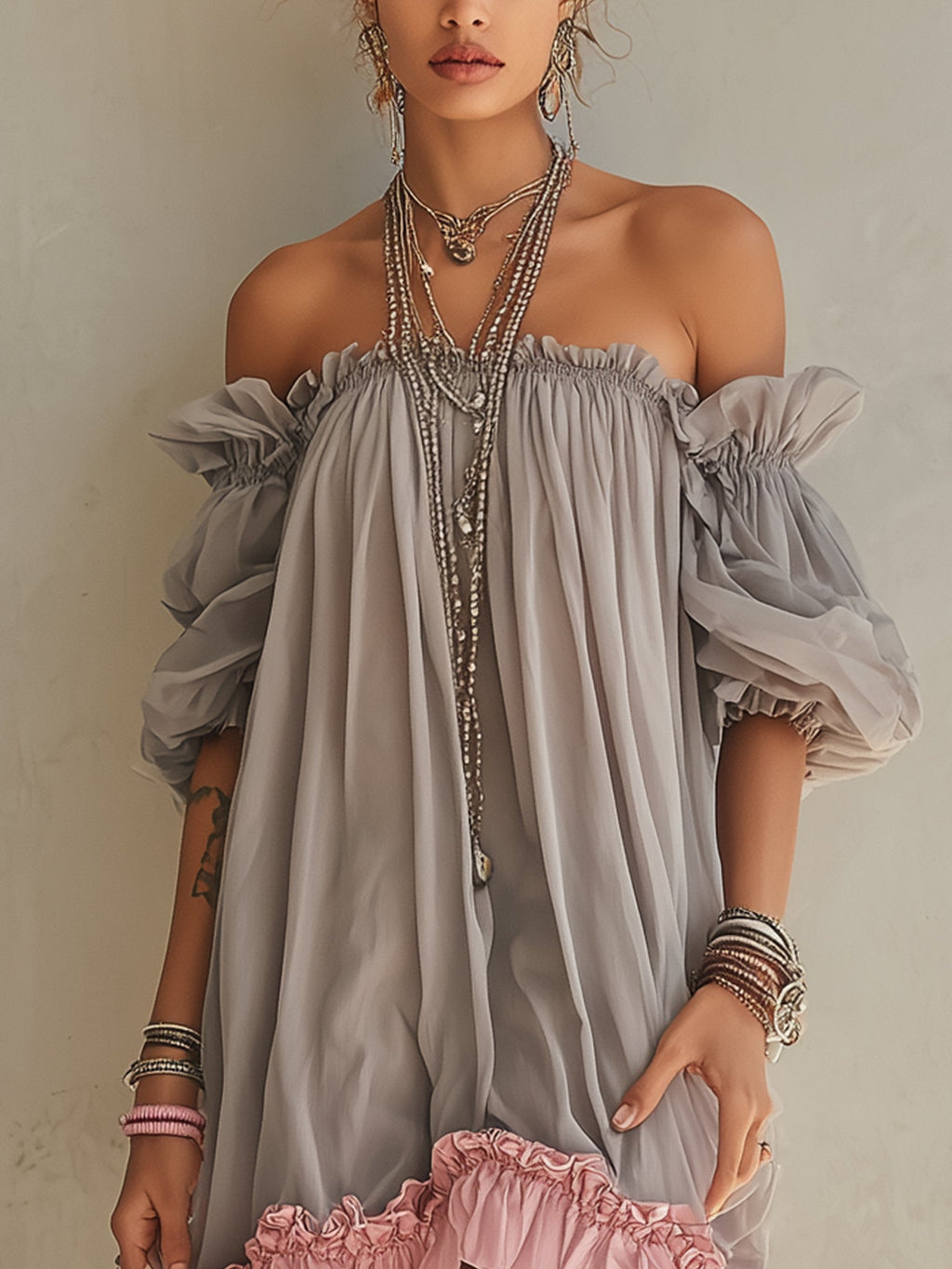 Gray Chiffon Off Shoulder Mini Dress With Pink Hem