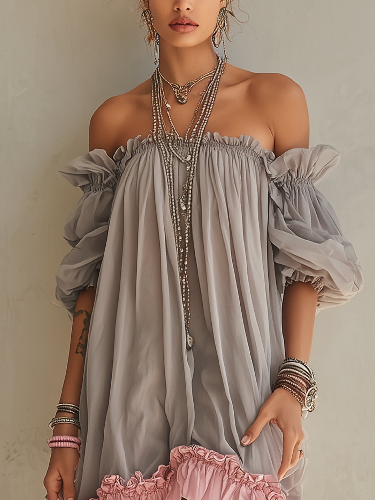 Gray Chiffon Off Shoulder Mini Dress With Pink Hem