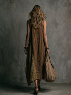Brown And Khaki Cotton-Linen Patchwork V-Neck Sleeveless Asymmetrical Long Dress