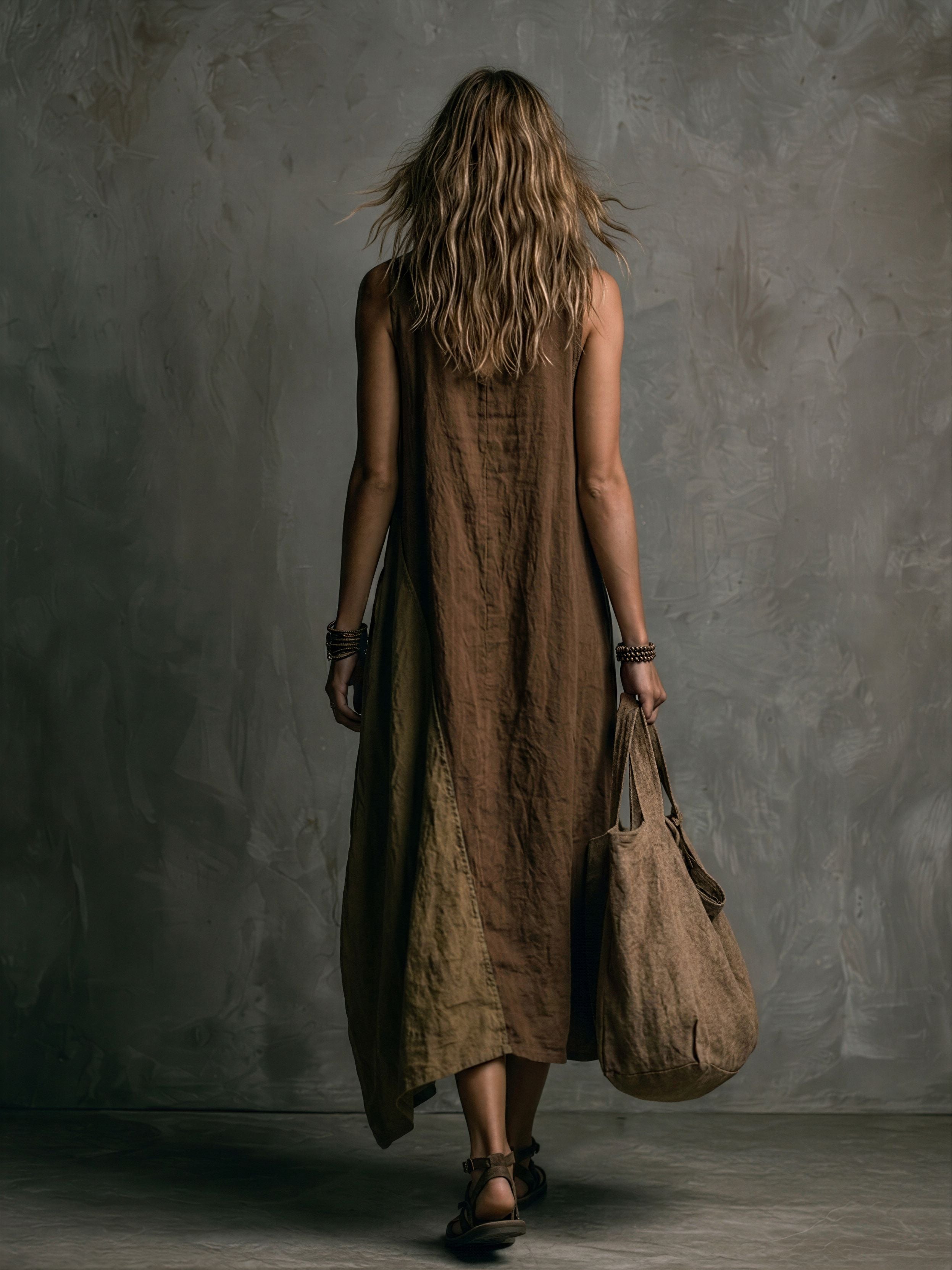 Brown And Khaki Cotton-Linen Patchwork V-Neck Sleeveless Asymmetrical Long Dress