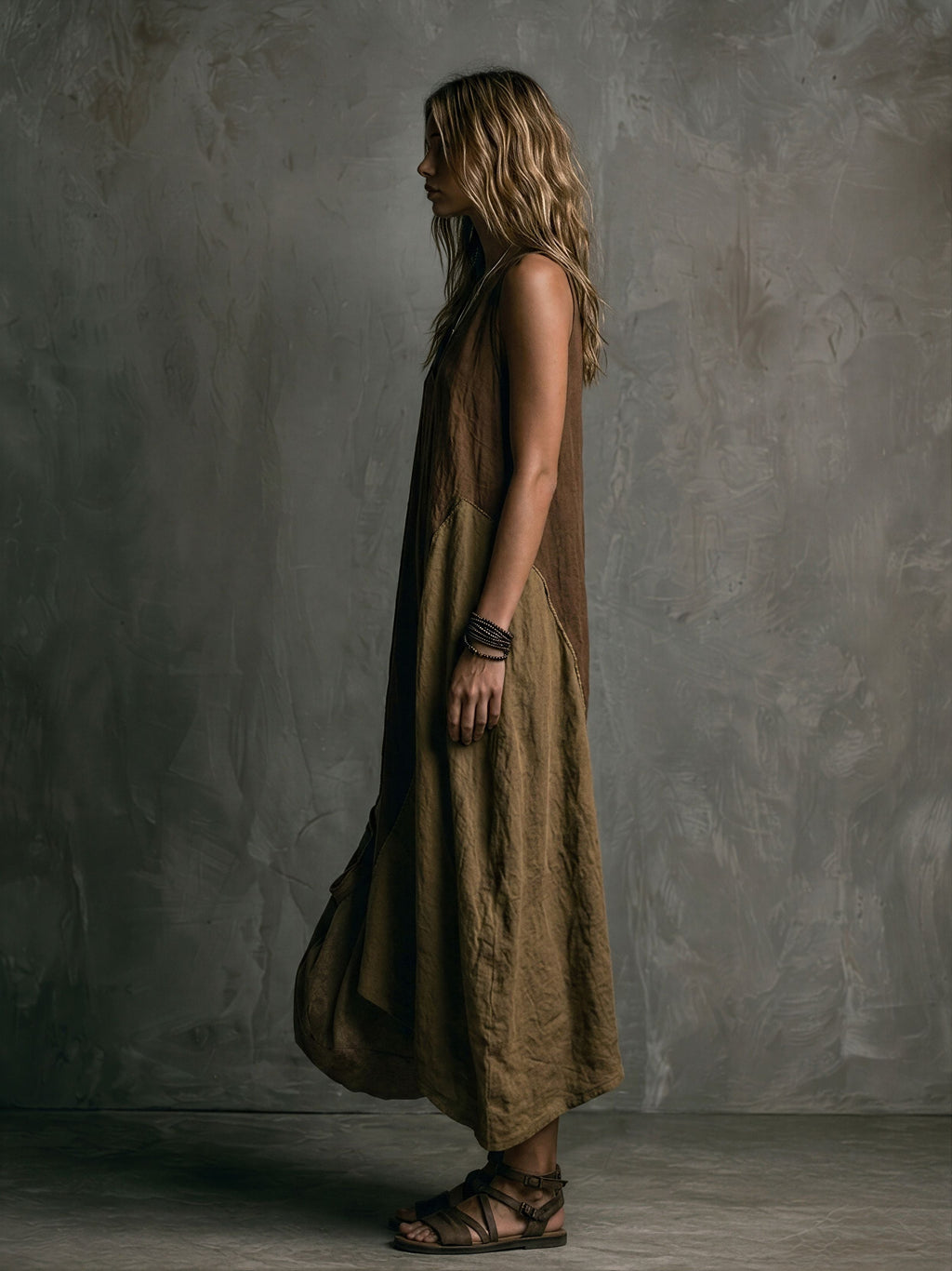 Brown And Khaki Cotton-Linen Patchwork V-Neck Sleeveless Asymmetrical Long Dress