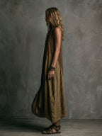 Brown And Khaki Cotton-Linen Patchwork V-Neck Sleeveless Asymmetrical Long Dress
