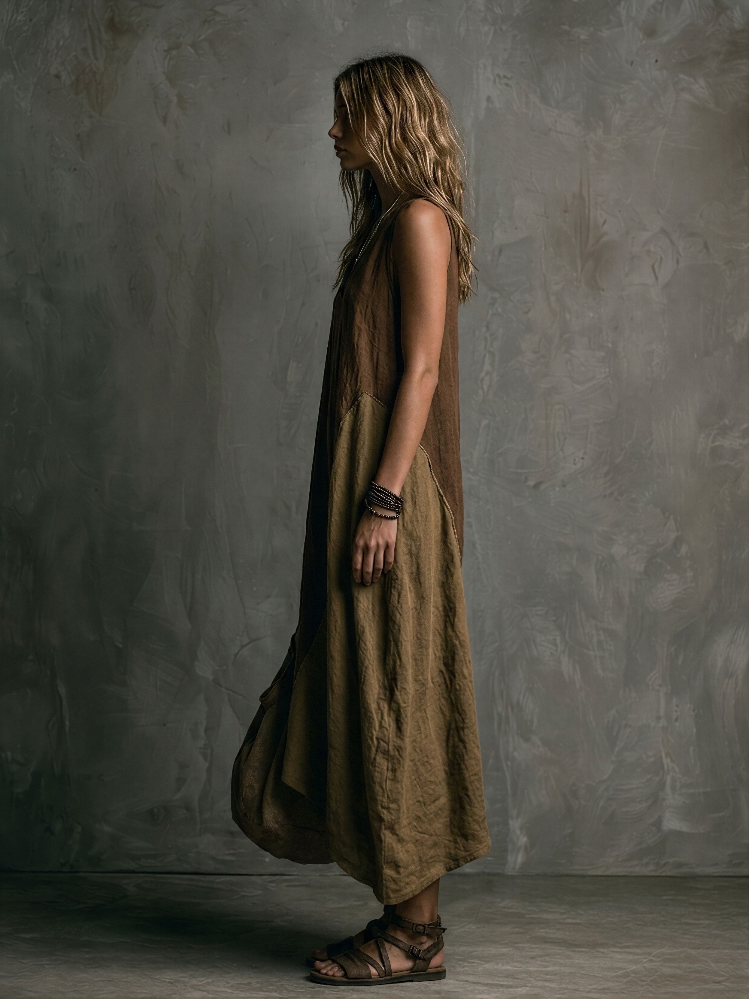 Brown And Khaki Cotton-Linen Patchwork V-Neck Sleeveless Asymmetrical Long Dress