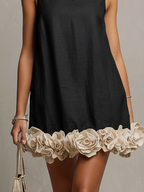 Black Cotton-Linen Mini Dress With 3D Floral Hem