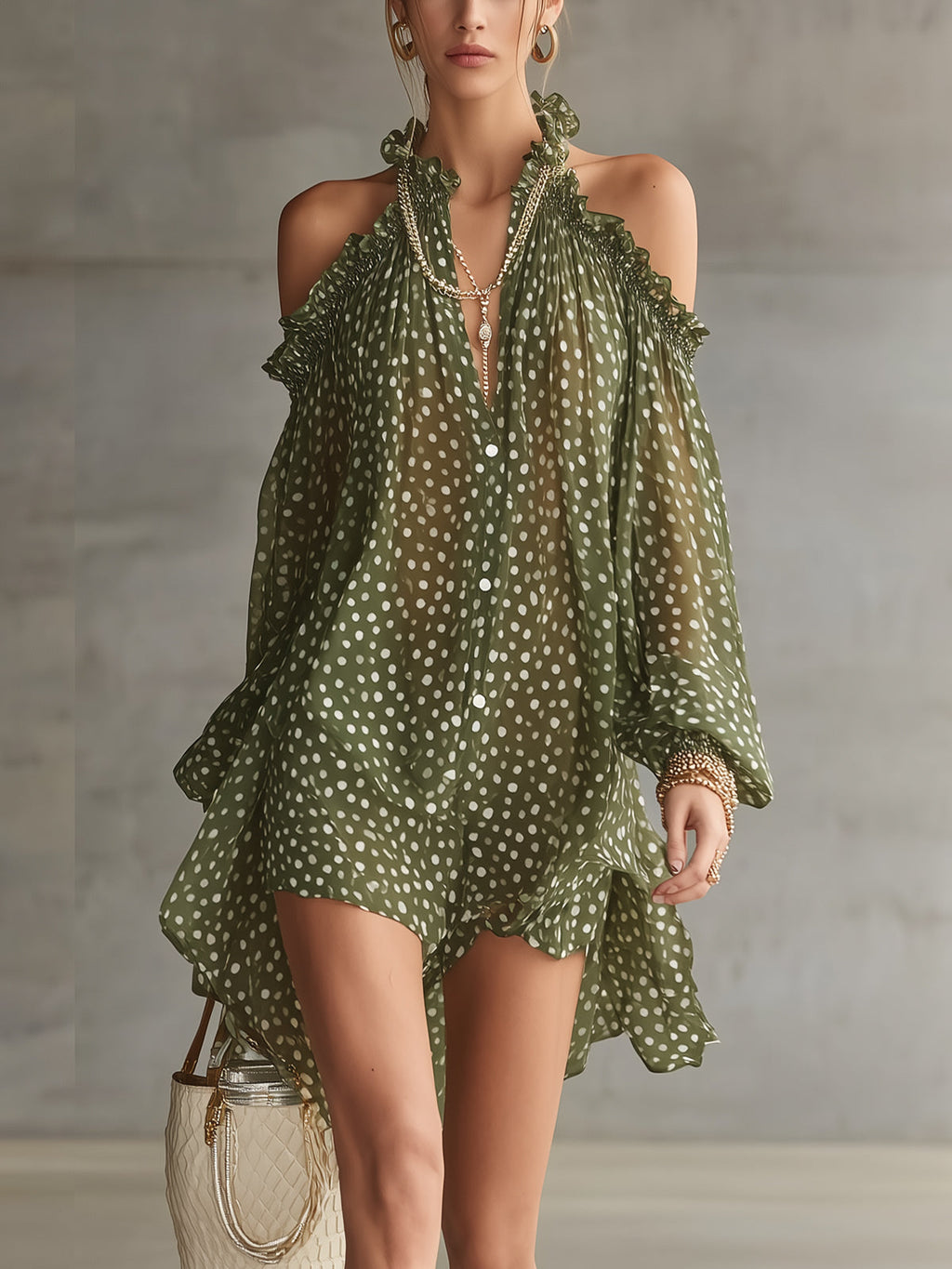 Green Polka Dot Cold Shoulder Mini Dress With Ruffled Neckline