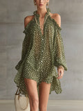 Green Polka Dot Cold Shoulder Mini Dress With Ruffled Neckline