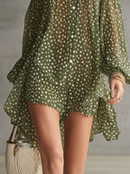 Green Polka Dot Cold Shoulder Mini Dress With Ruffled Neckline