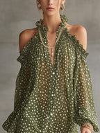 Green Polka Dot Cold Shoulder Mini Dress With Ruffled Neckline