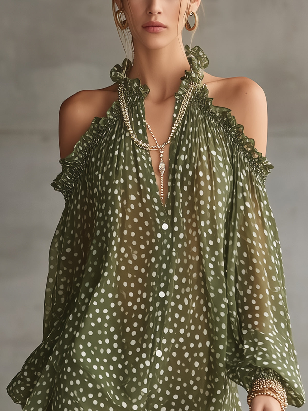 Green Polka Dot Cold Shoulder Mini Dress With Ruffled Neckline
