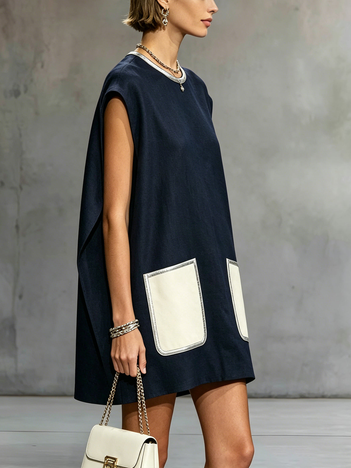 Navy Sleeveless Mini Dress With Contrast Patch Pockets