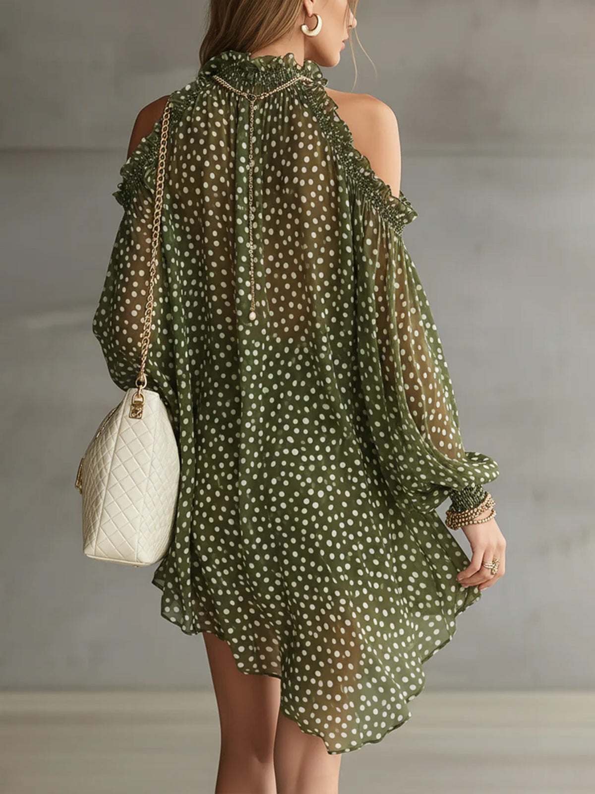 Green Polka Dot Cold Shoulder Mini Dress With Ruffled Neckline
