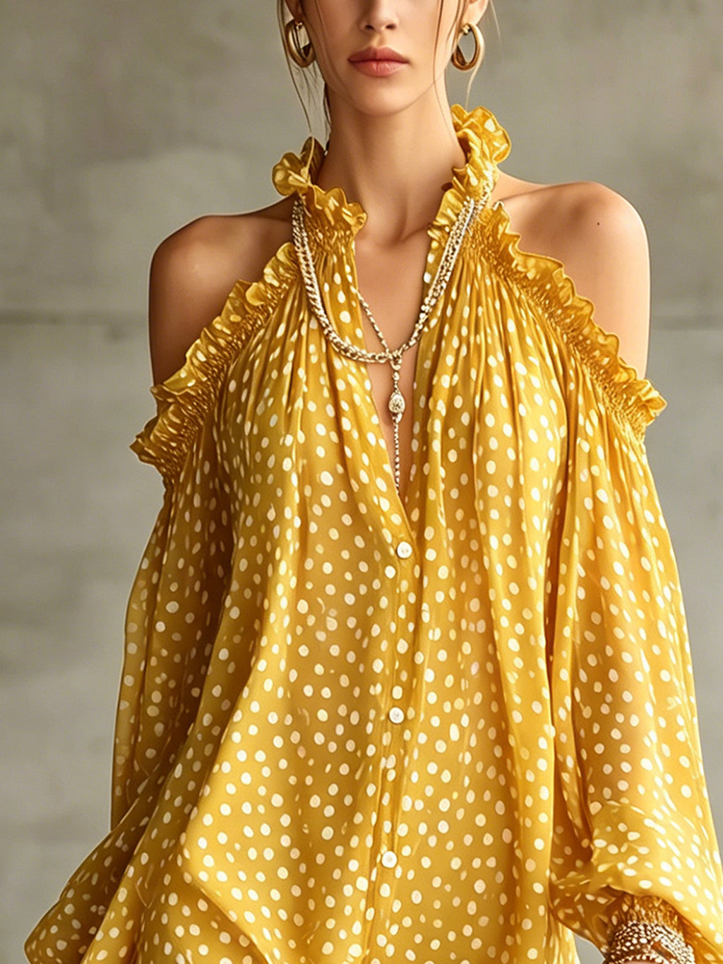 Green Polka Dot Cold Shoulder Mini Dress With Ruffled Neckline