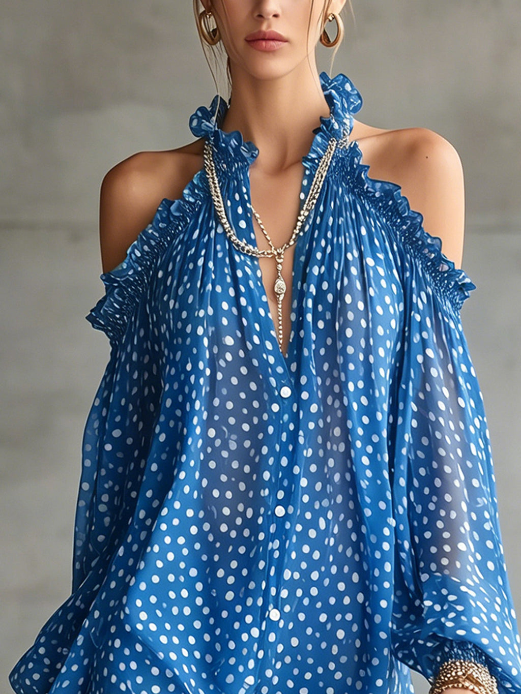 Green Polka Dot Cold Shoulder Mini Dress With Ruffled Neckline