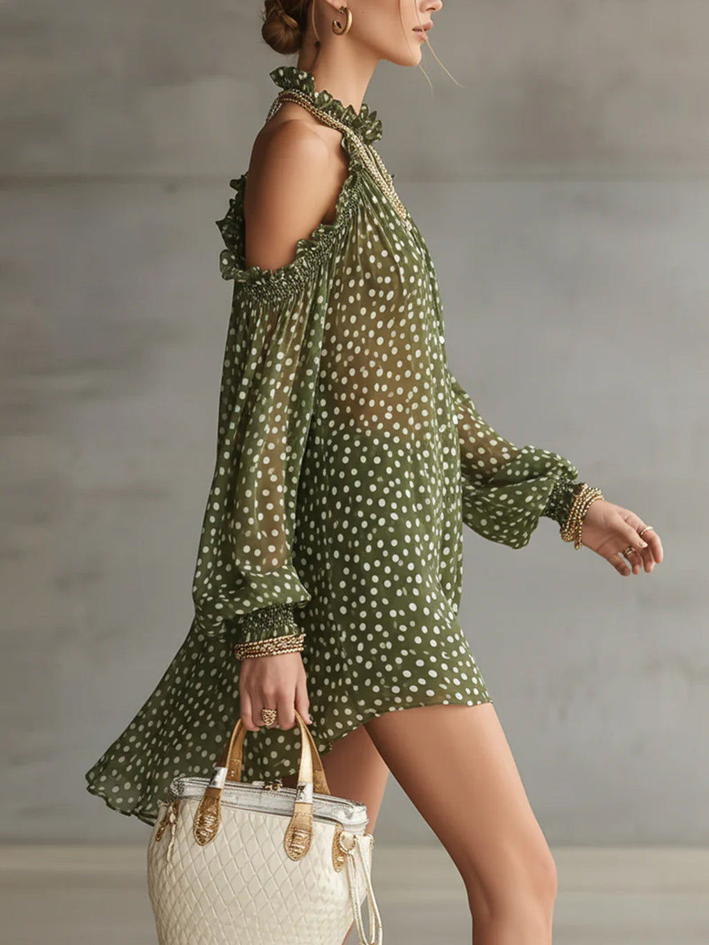 Green Polka Dot Cold Shoulder Mini Dress With Ruffled Neckline