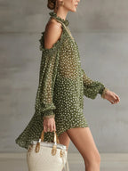 Green Polka Dot Cold Shoulder Mini Dress With Ruffled Neckline