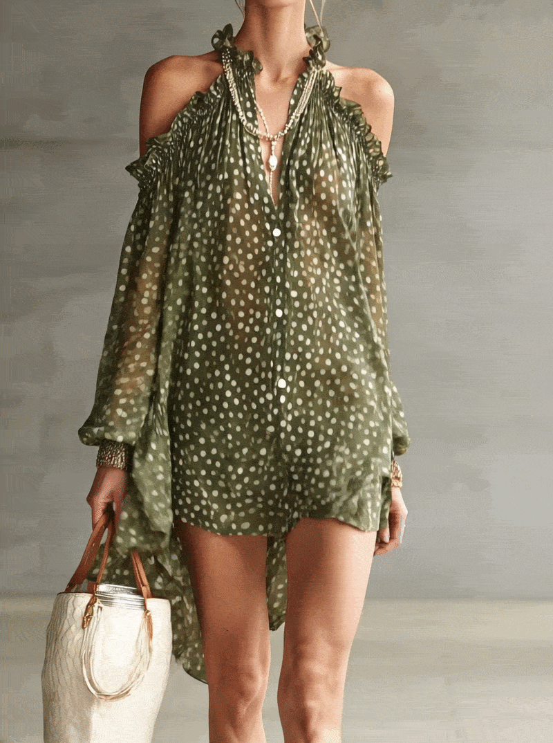 Green Polka Dot Cold Shoulder Mini Dress With Ruffled Neckline