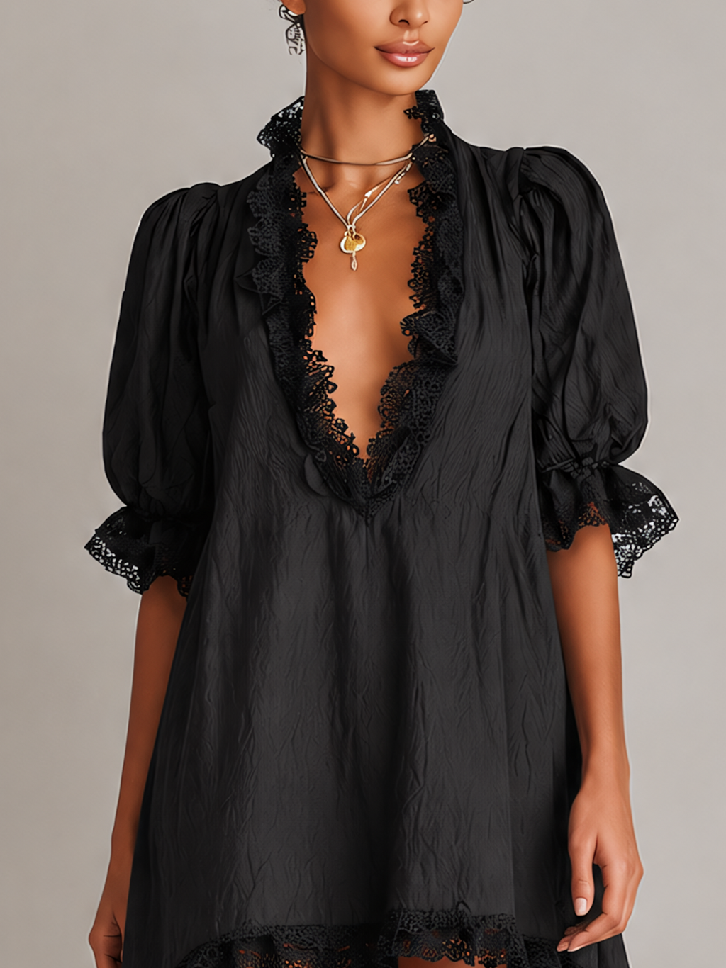 Lace Trim Puff Mini Dress