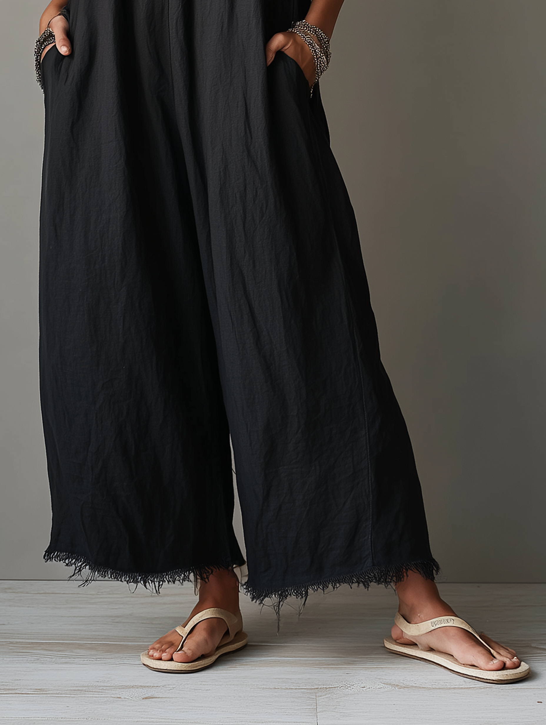 Lace Neck Linen-Blend Jumpsuit