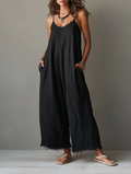 Lace Neck Linen-Blend Jumpsuit