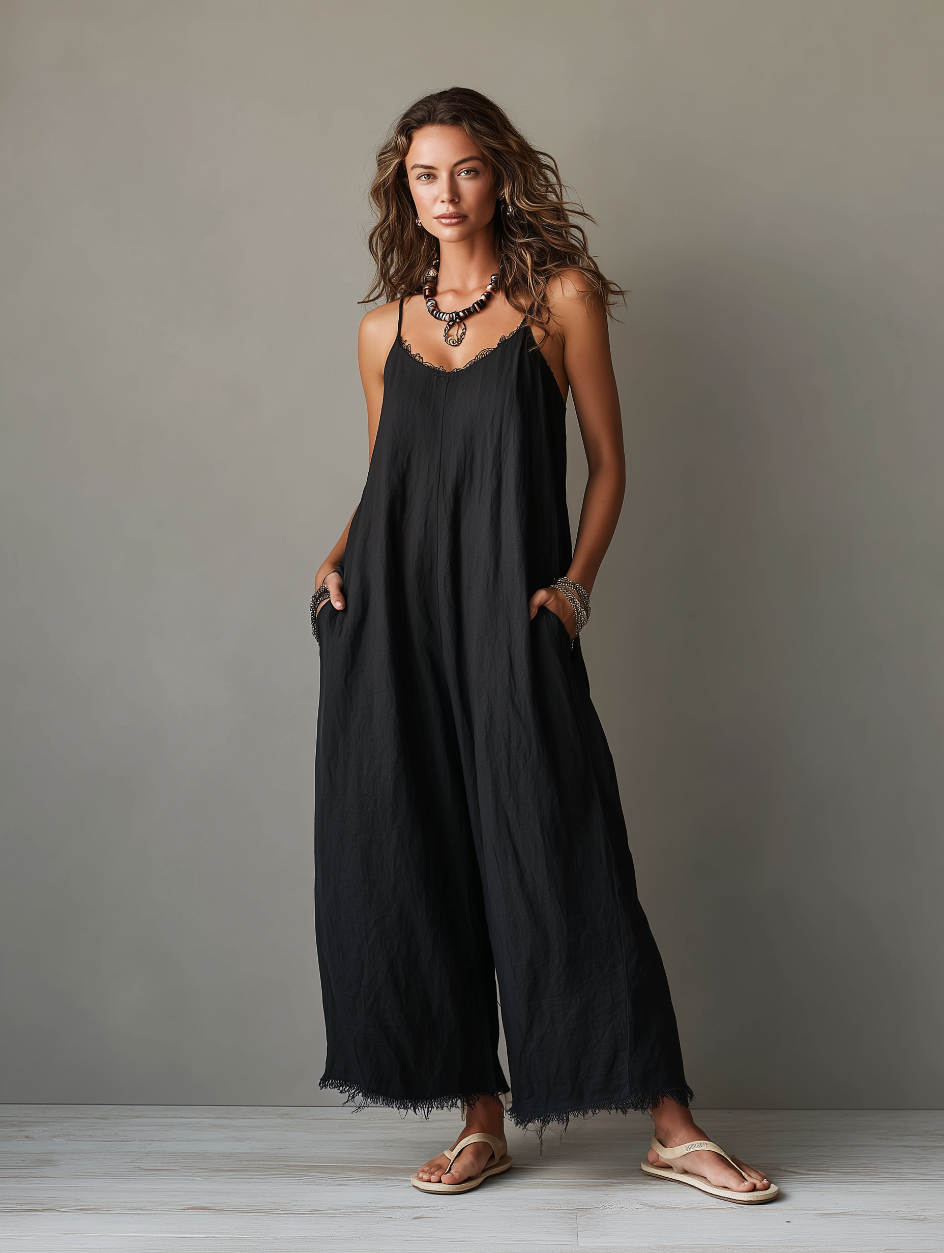 Lace Neck Linen-Blend Jumpsuit