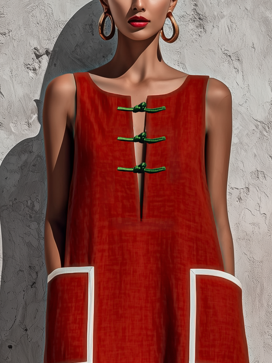 Red Piping Pocket Midi Dress
