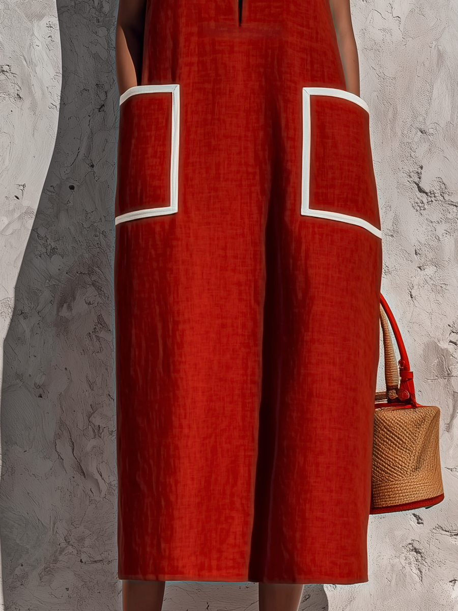 Red Piping Pocket Midi Dress