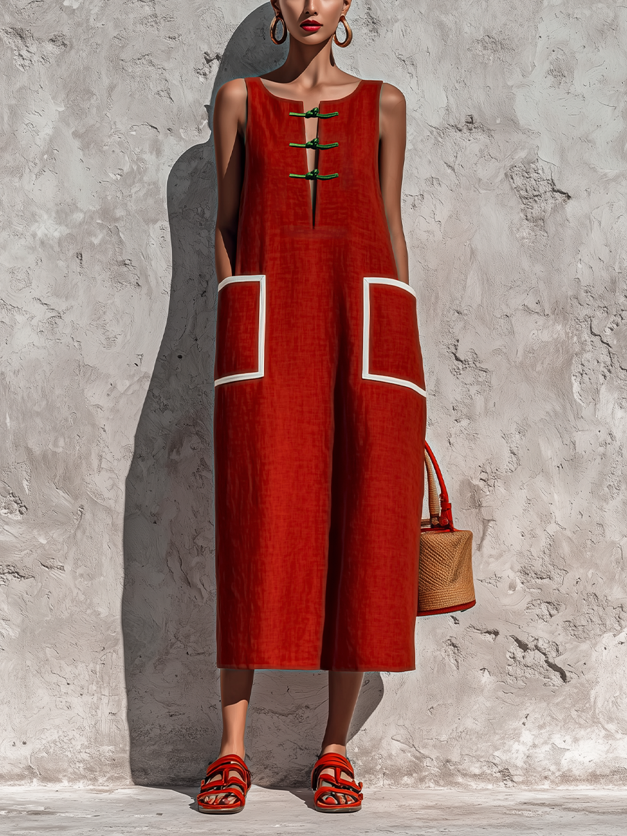 Red Piping Pocket Midi Dress