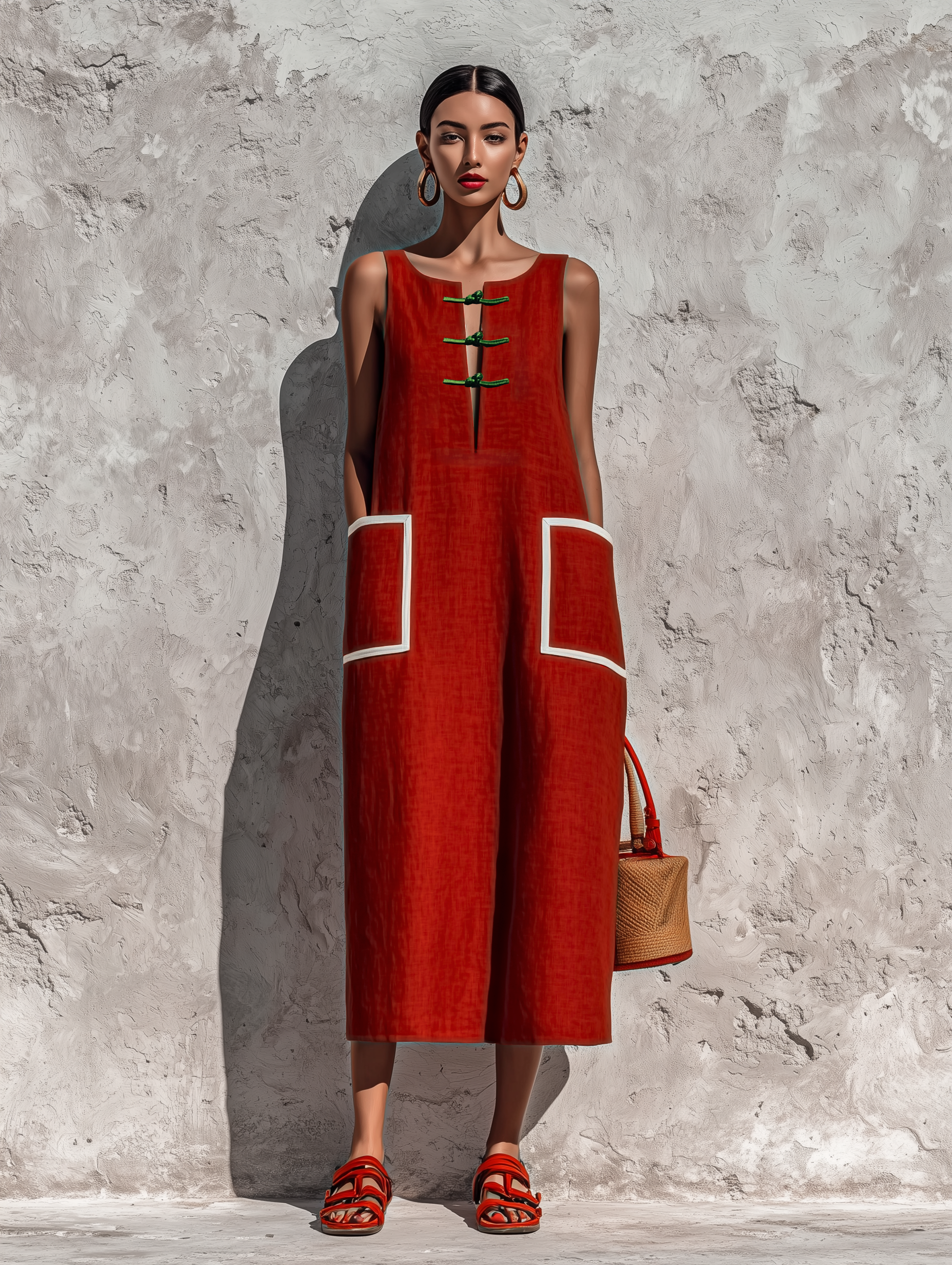 Red Piping Pocket Midi Dress