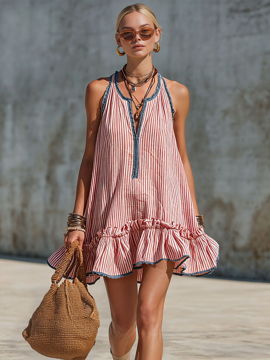 Retro Ruffle Stripe Mini Dress