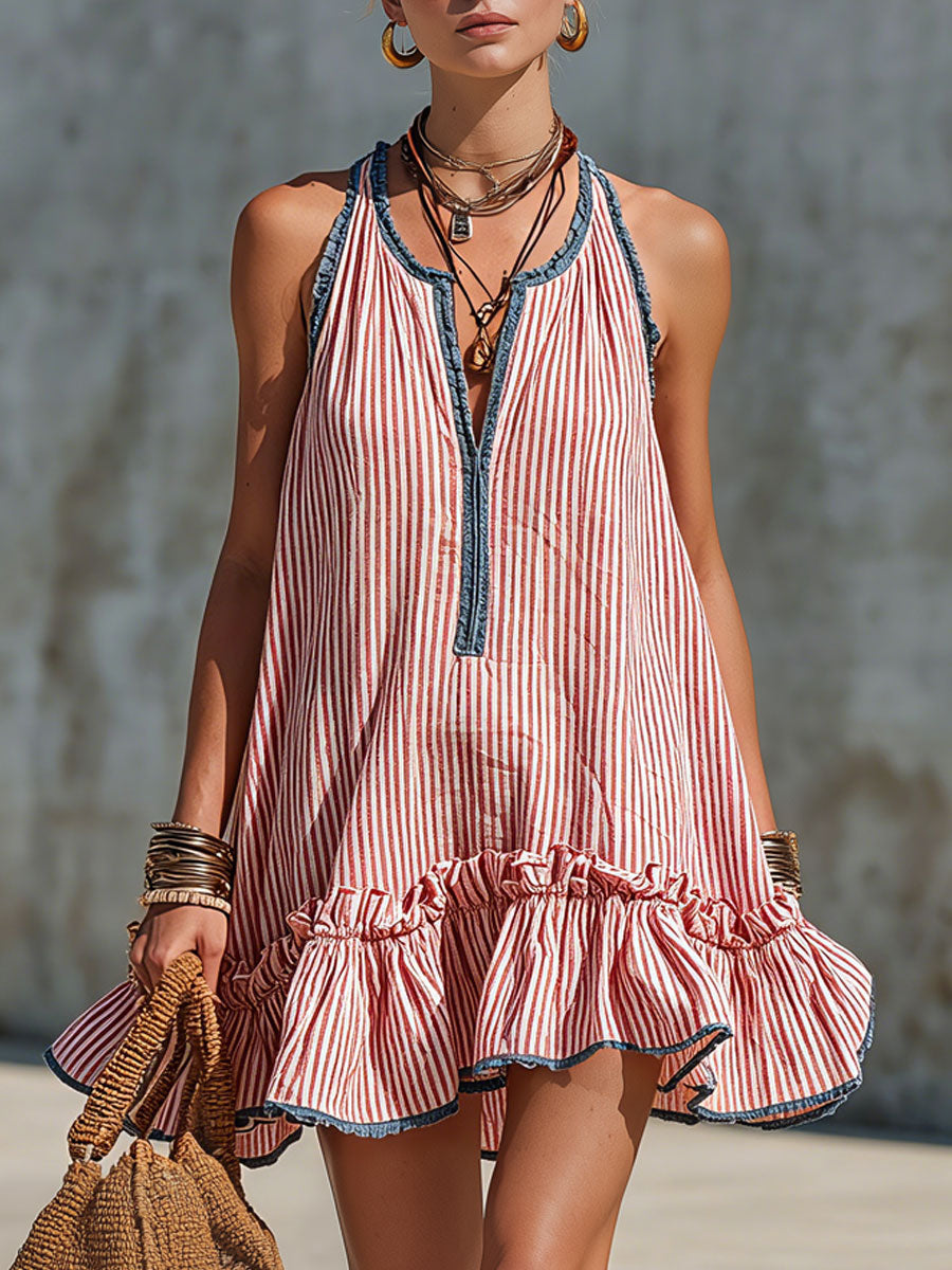 Retro Ruffle Stripe Mini Dress