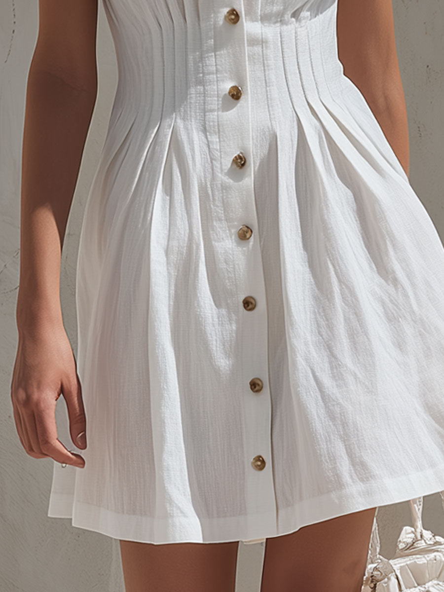Retro Pleated Button Mini Dress