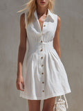 Retro Pleated Button Mini Dress