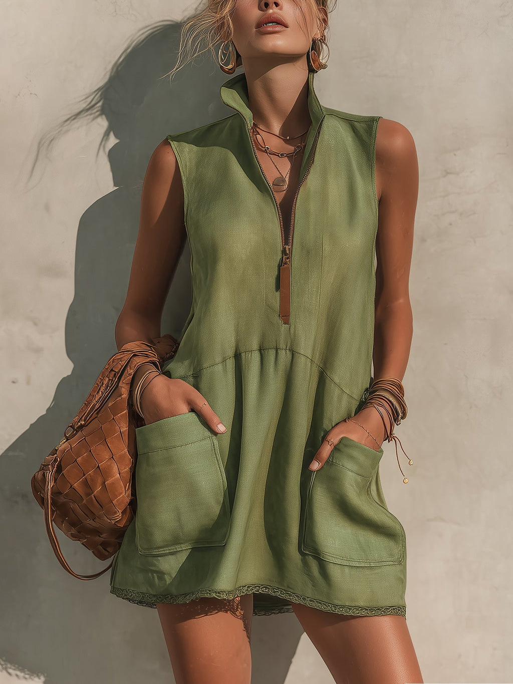 Half-Zip Linen Mini Dress