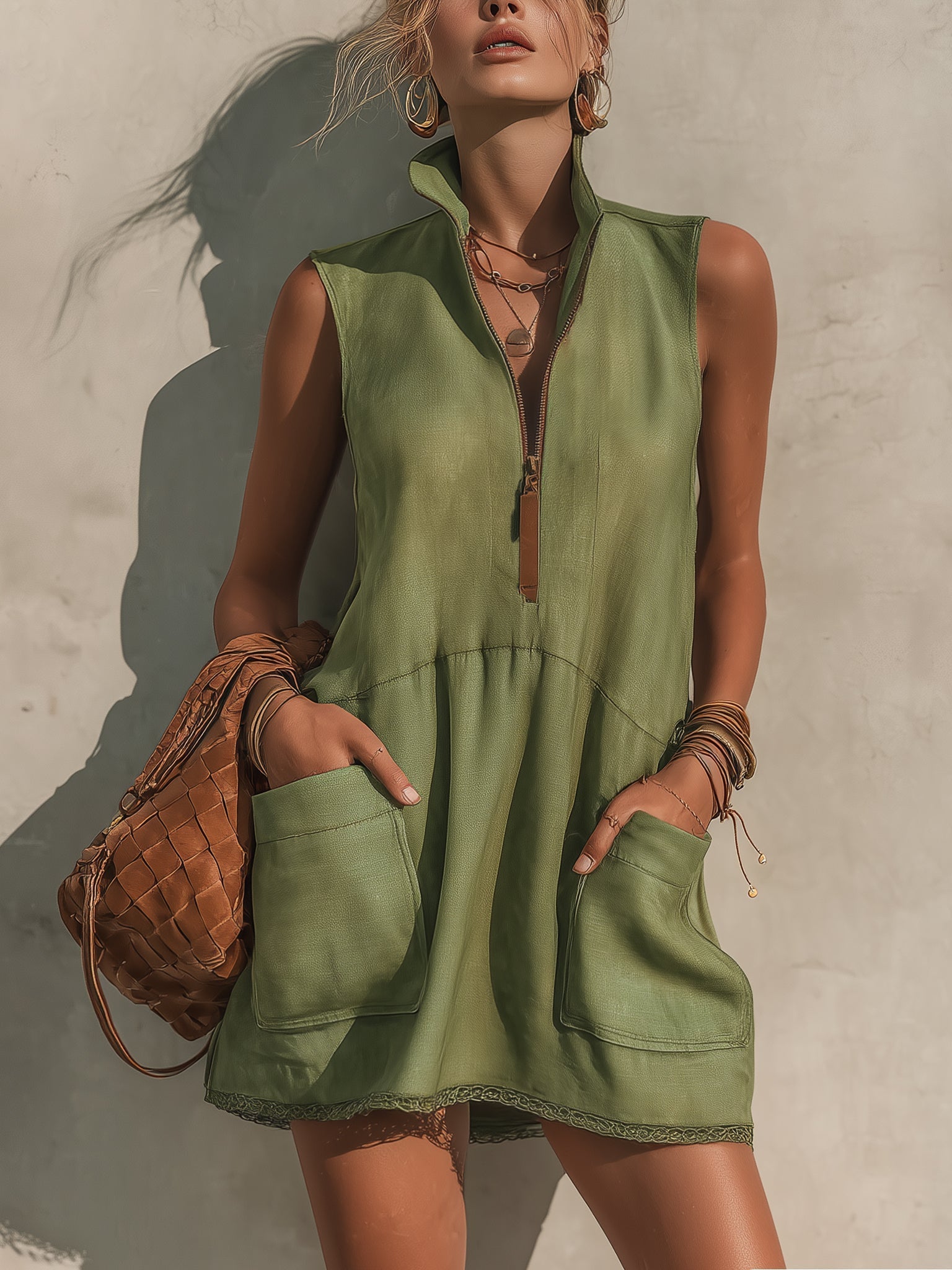 Half-Zip Linen Mini Dress