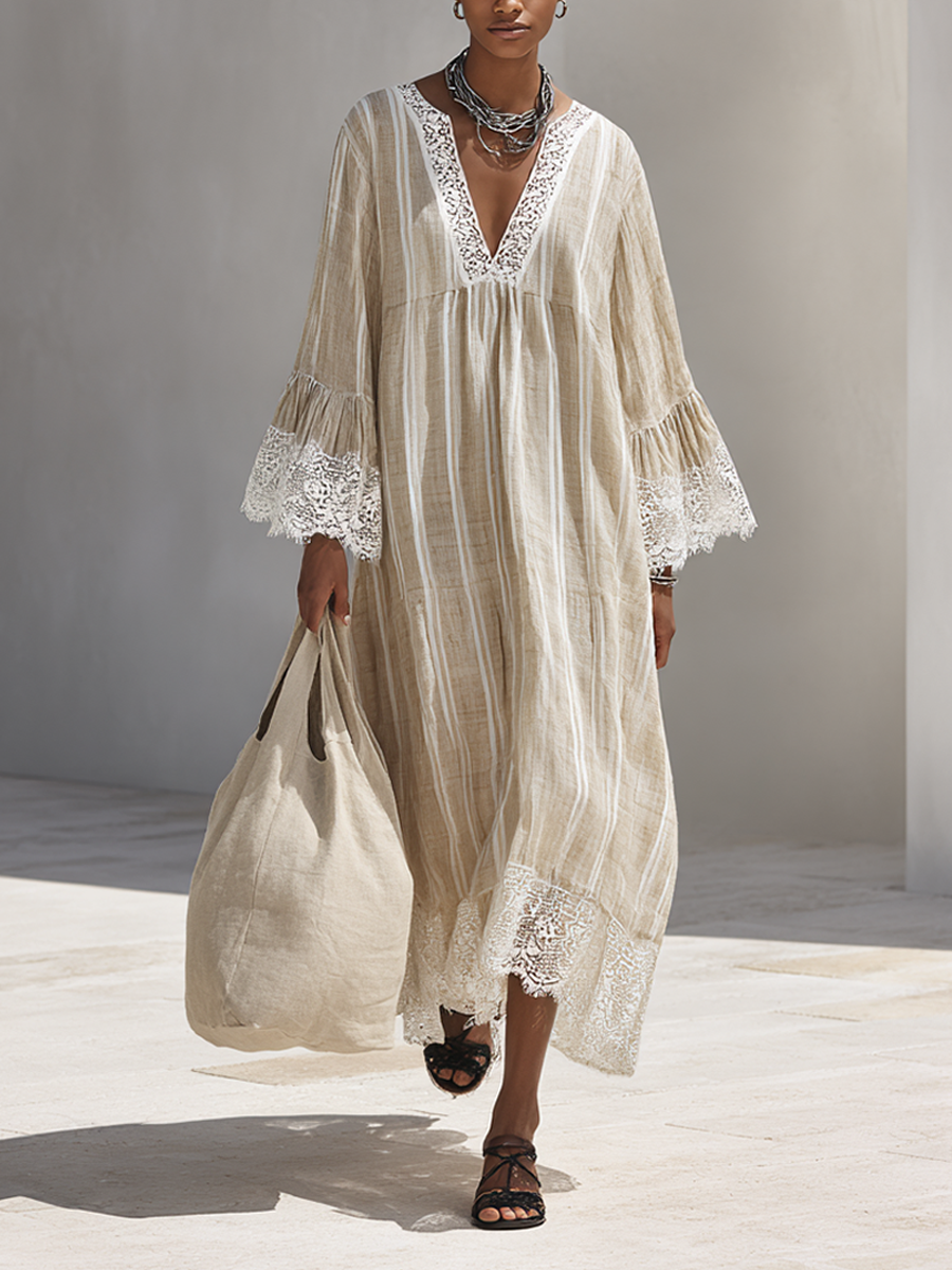 Lace Trim Stripe Maxi Dress