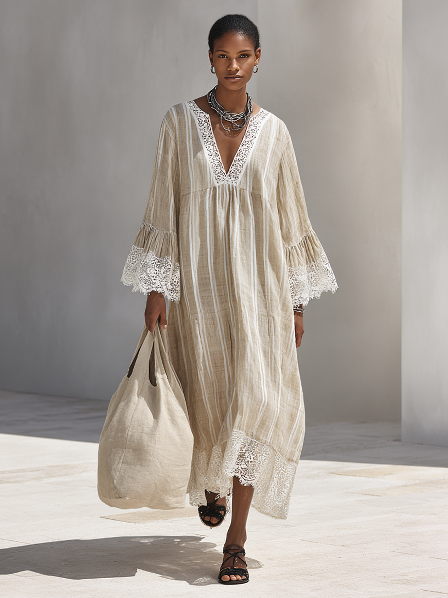 Lace Trim Stripe Maxi Dress