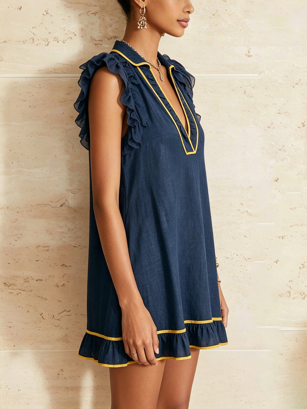 Contrast Trim Ruffle Mini Dress