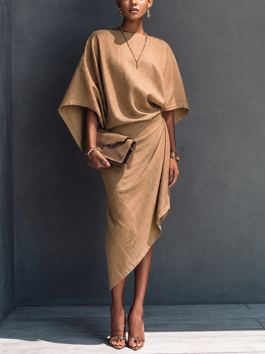 Minimalist Draped Asymmetric Midi Dress