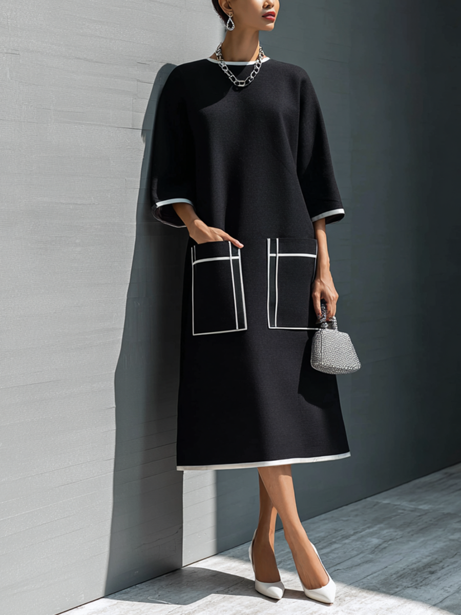 Contrast Stitch Pocket Midi Dress
