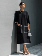 Contrast Stitch Pocket Midi Dress