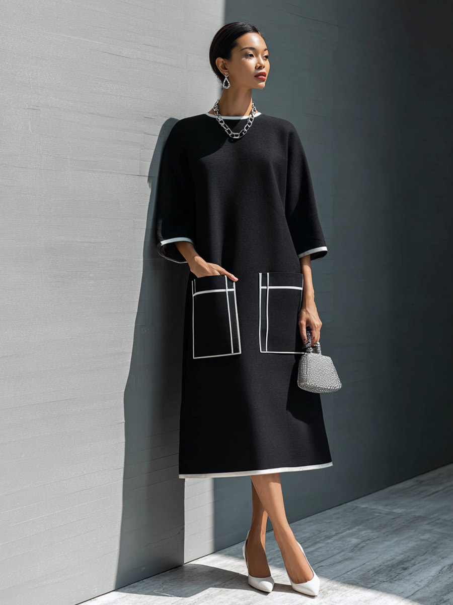 Contrast Stitch Pocket Midi Dress