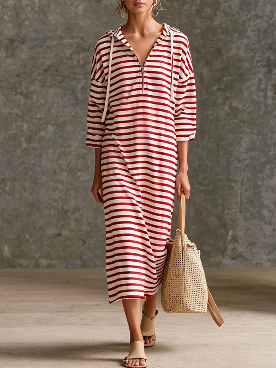 Striped Half-Zip Hooded Midi Dress