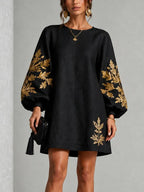 Black Gold Print Loose Mini Dress With Crew Neck And Lantern Sleeves