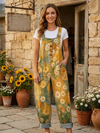 Women's Retro Style Print Washed Cotton Denim Patchwork Jumpsuit