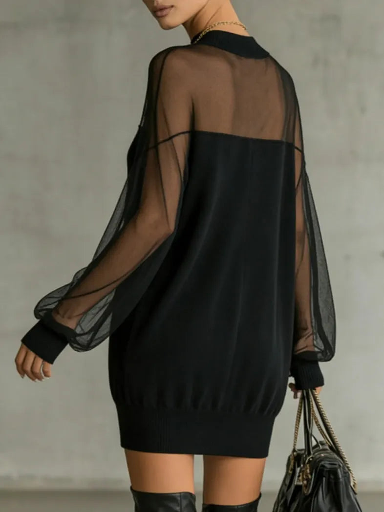 Black Sheer Mesh Sleeve High‐Neck Mini Dress