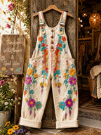 Women's Retro Style Art Print Washed Cotton Denim Patchwork Jumpsuit