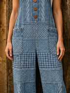 Women's Retro Art Print Denim Patchwork Jumpsuit
